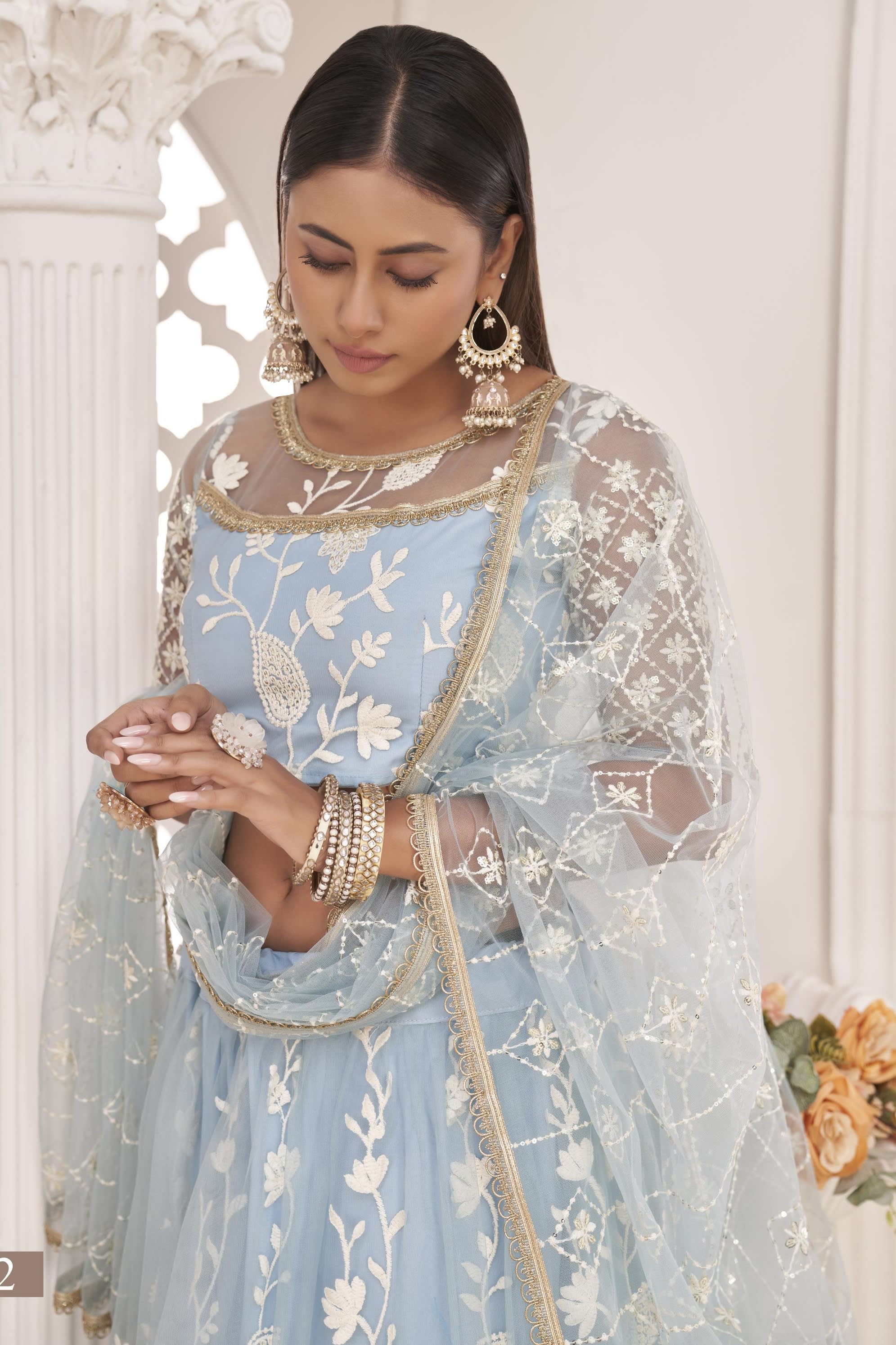 Light Sky Blue Net Lehenga Choli For Indian & Pakistani Wedding Festival - Zari Work, Thread & Sequins Embroidery Work