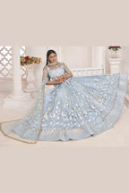 Light Sky Blue Net Lehenga Choli For Indian & Pakistani Wedding Festival - Zari Work, Thread & Sequins Embroidery Work