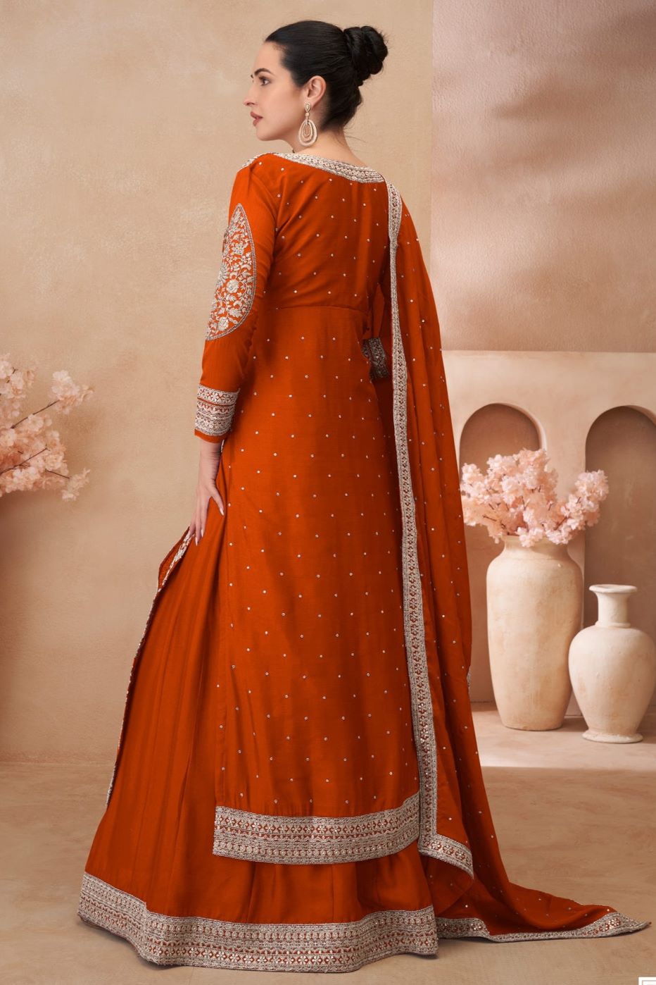 Rust Color Chinon Silk Kameez With Skirt For Indian & Pakistani Wedding Festival - Embroidery Work
