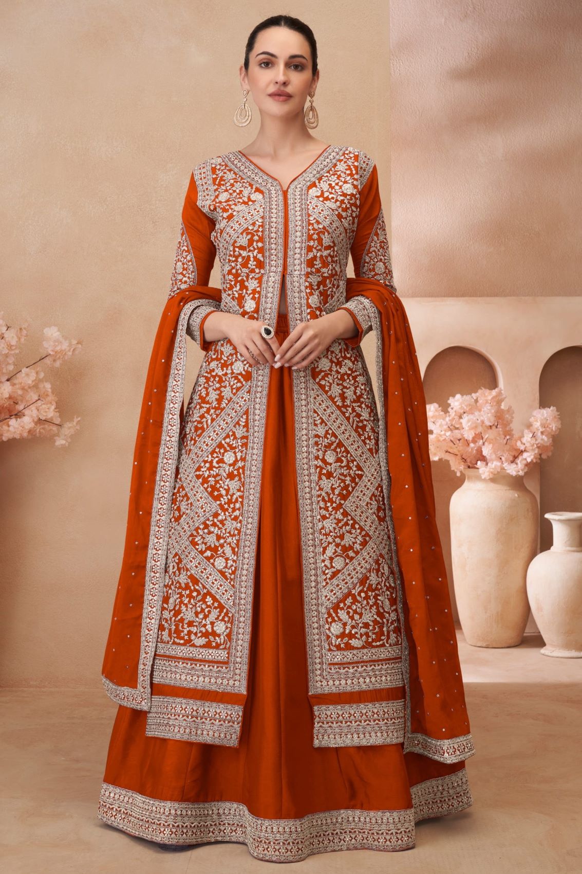 Rust Color Chinon Silk Kameez With Skirt For Indian & Pakistani Wedding Festival - Embroidery Work