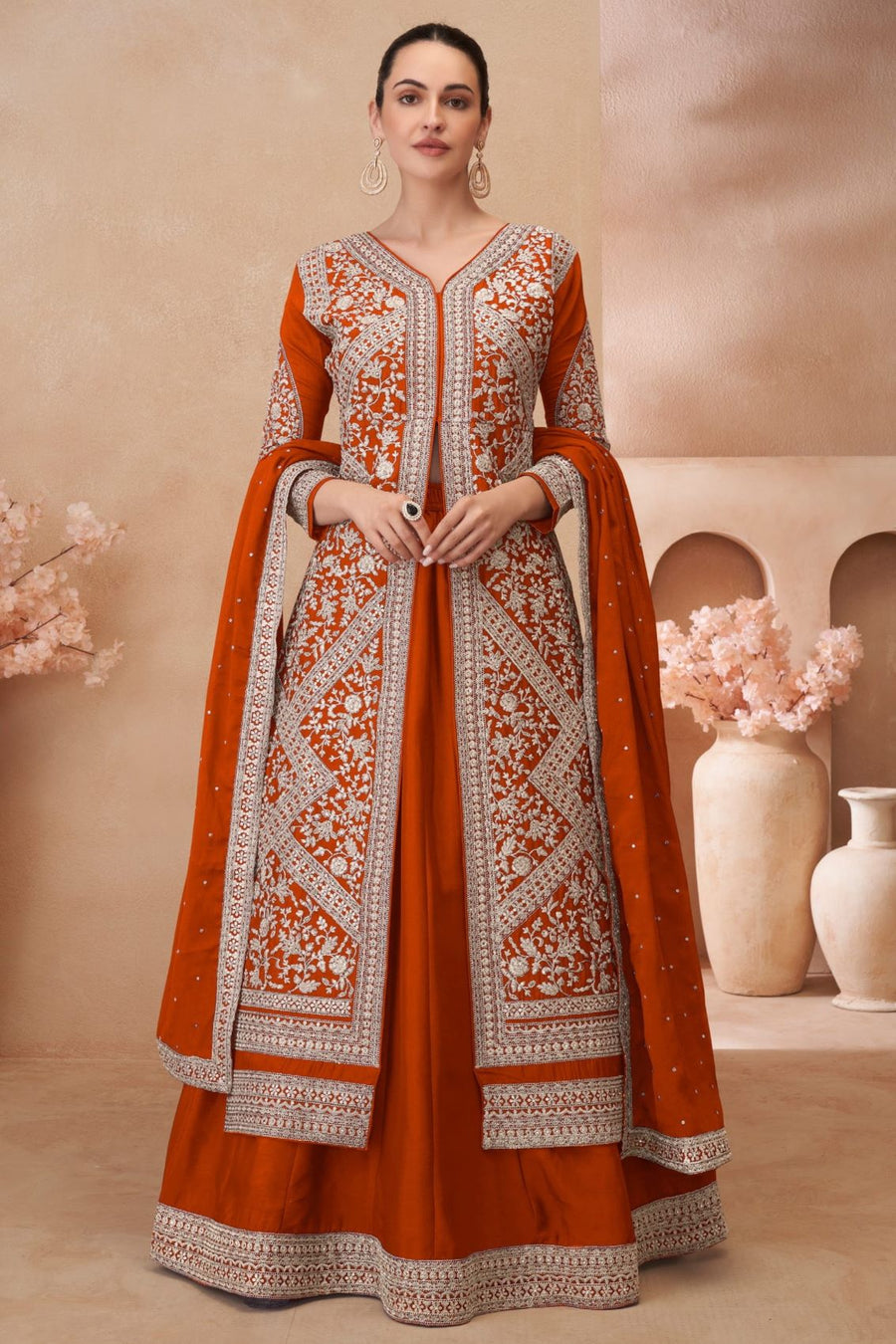 Rust Color Chinon Silk Kameez With Skirt For Indian & Pakistani Wedding Festival - Embroidery Work