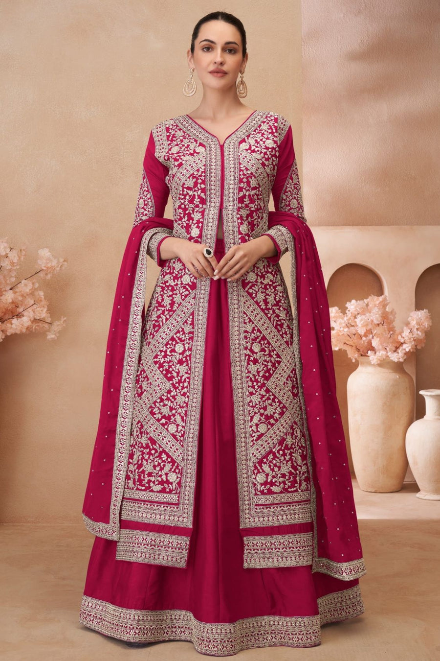 Pink Chinon Silk Kameez With Skirt For Indian & Pakistani Wedding Festival - Embroidery Work