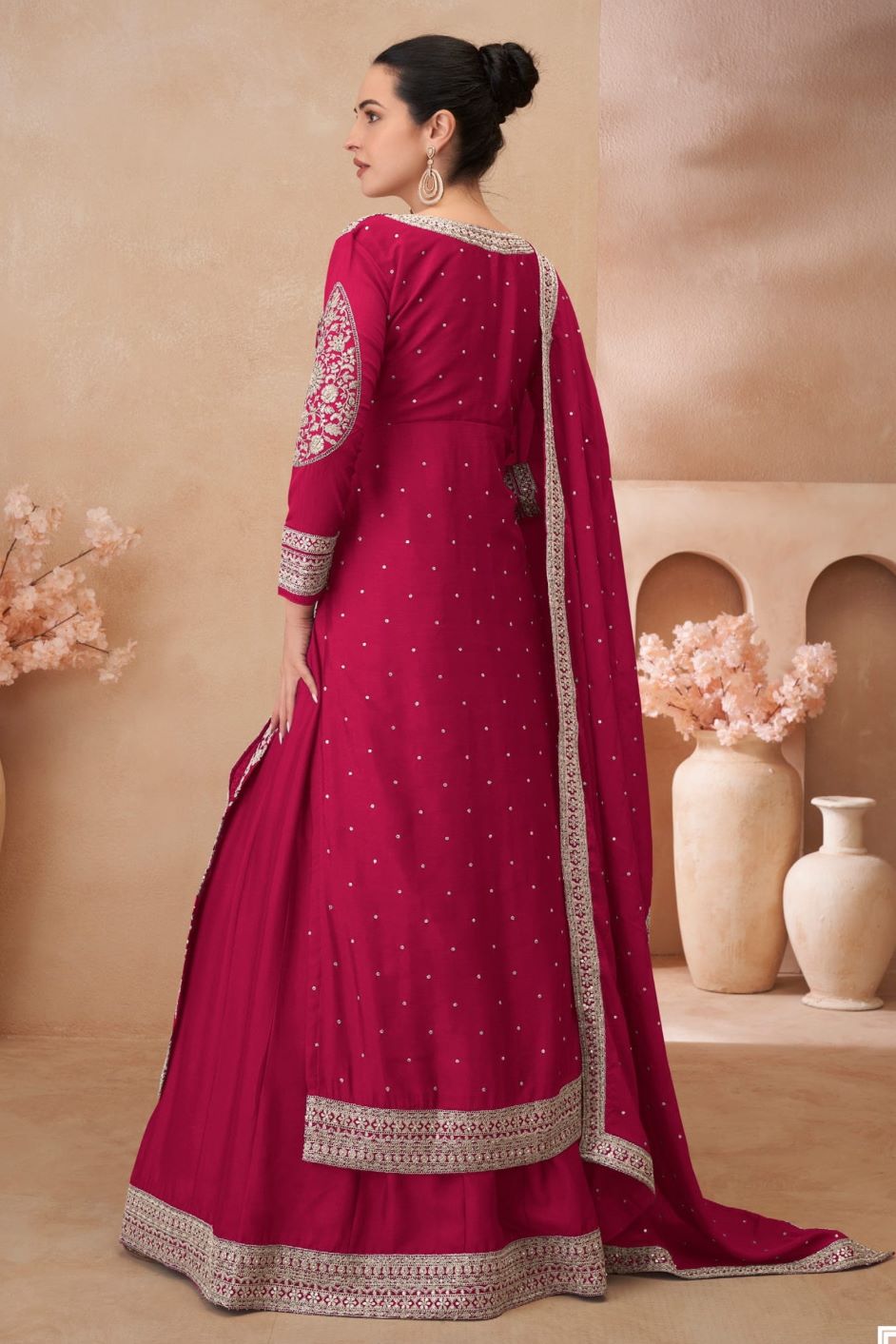 Pink Chinon Silk Kameez With Skirt For Indian & Pakistani Wedding Festival - Embroidery Work