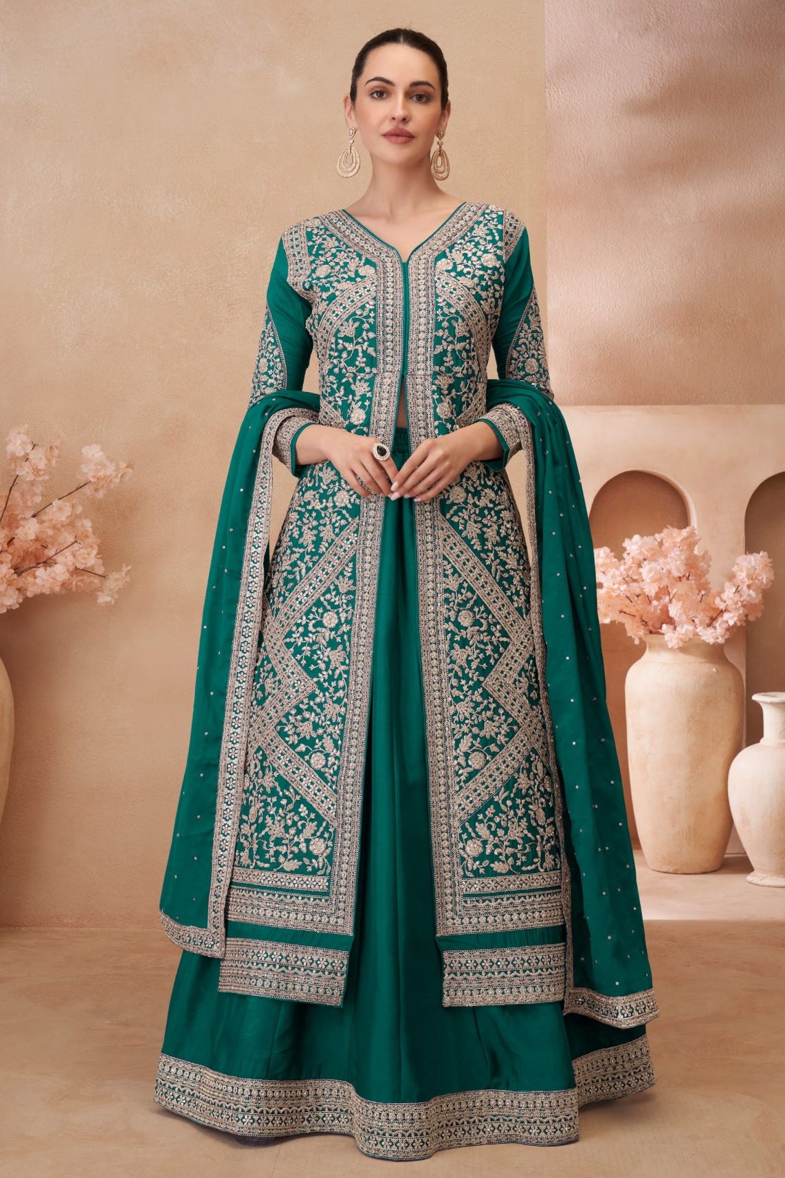 Teal Chinon Silk Kameez With Skirt For Indian & Pakistani Wedding Festival - Embroidery Work