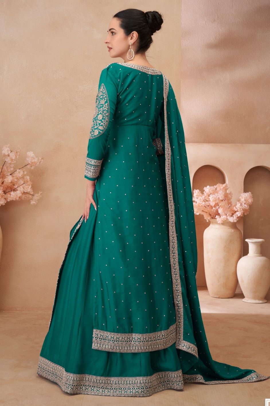 Teal Chinon Silk Kameez With Skirt For Indian & Pakistani Wedding Festival - Embroidery Work