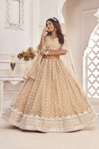 Beige Net Lehenga Choli For Indian & Pakistani Wedding Festival - Sequence Embroidery Work, Thread Embroidery Work, Zari Work