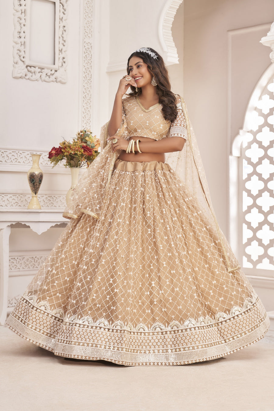 Beige Net Lehenga Choli For Indian & Pakistani Wedding Festival - Sequence Embroidery Work, Thread Embroidery Work, Zari Work