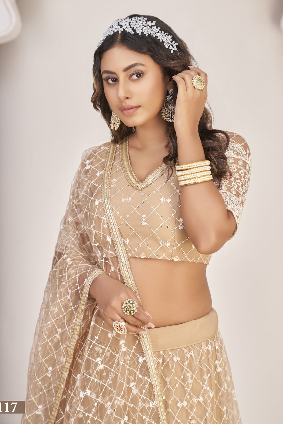 Beige Net Lehenga Choli For Indian & Pakistani Wedding Festival - Sequence Embroidery Work, Thread Embroidery Work, Zari Work