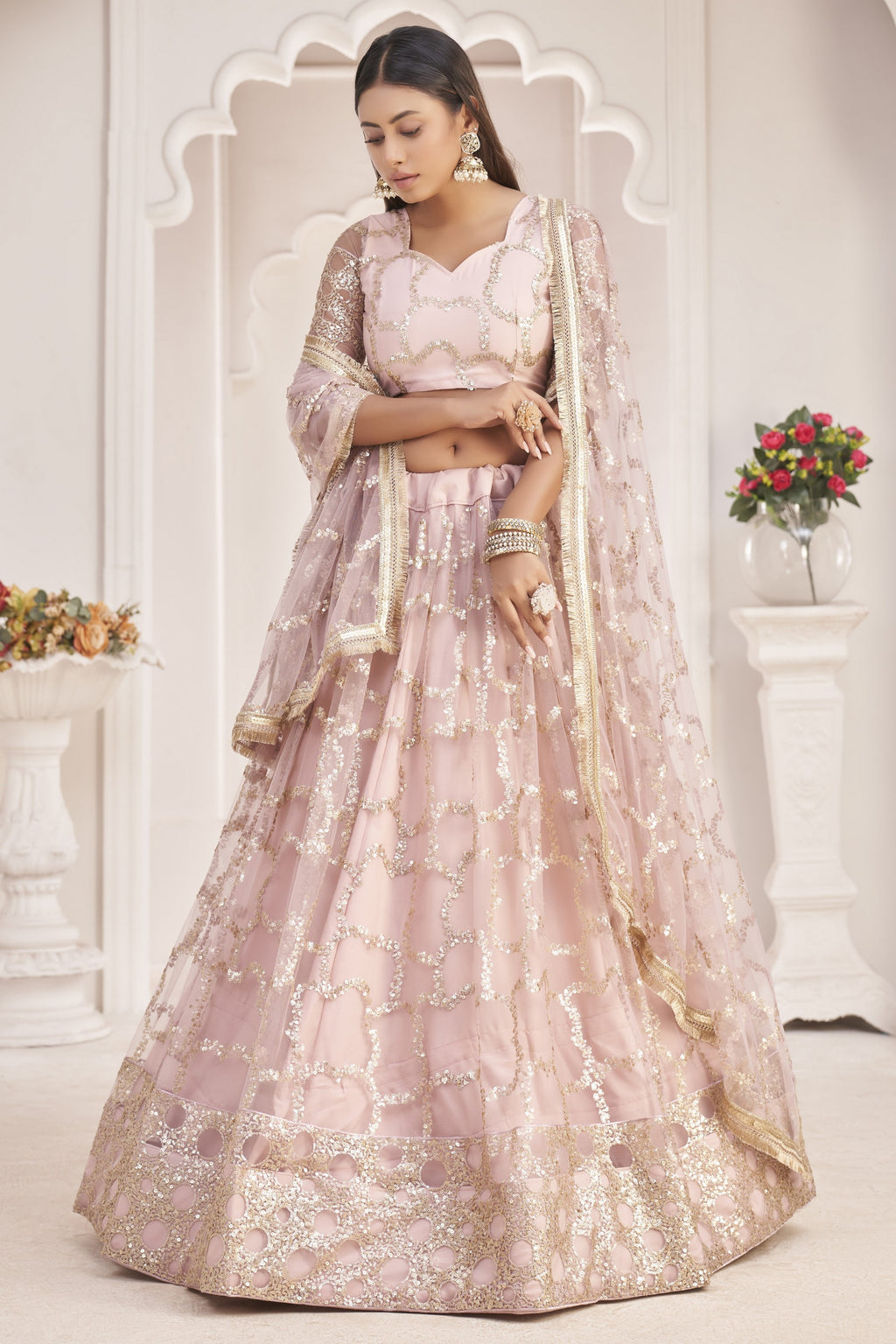 Pale Pink Net Lehenga Choli For Indian & Pakistani Wedding Festival - Sequence Embroidery Work, Thread Embroidery Work