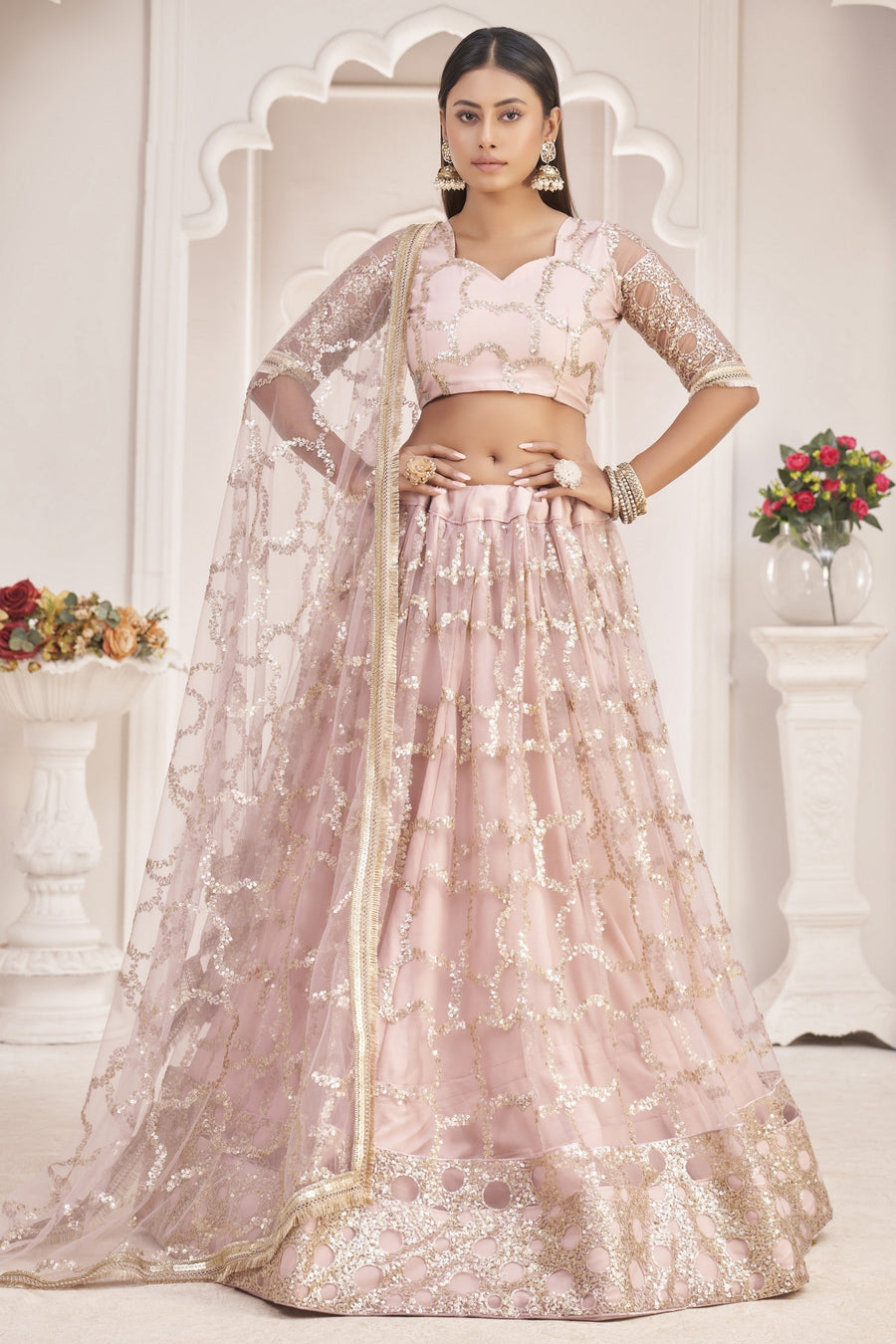 Pale Pink Net Lehenga Choli For Indian & Pakistani Wedding Festival - Sequence Embroidery Work, Thread Embroidery Work