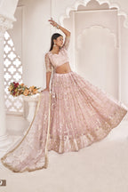Pale Pink Net Lehenga Choli For Indian & Pakistani Wedding Festival - Sequence Embroidery Work, Thread Embroidery Work
