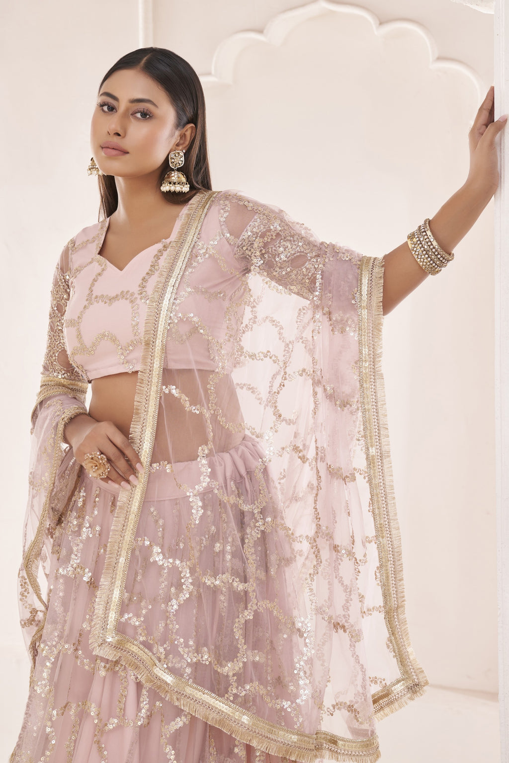 Pale Pink Net Lehenga Choli For Indian & Pakistani Wedding Festival - Sequence Embroidery Work, Thread Embroidery Work
