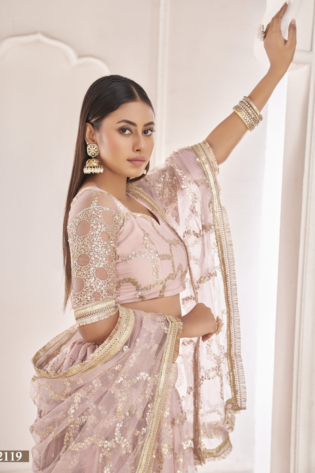 Pale Pink Net Lehenga Choli For Indian & Pakistani Wedding Festival - Sequence Embroidery Work, Thread Embroidery Work