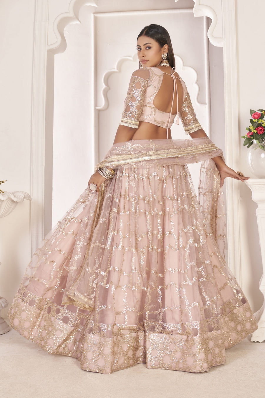 Pale Pink Net Lehenga Choli For Indian & Pakistani Wedding Festival - Sequence Embroidery Work, Thread Embroidery Work