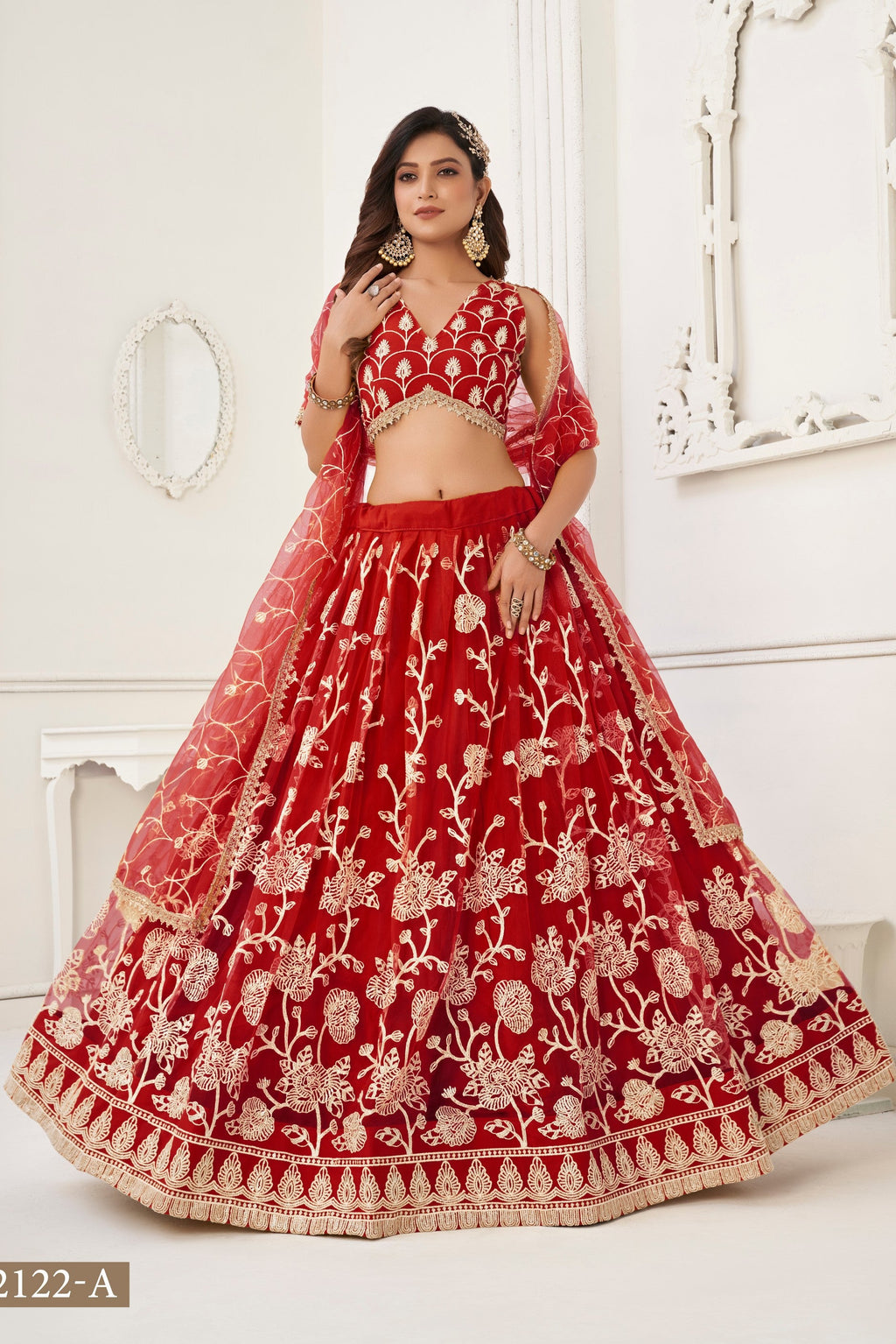 Red Net Embroidered Lehenga Choli For Indian Festival & Weddings - Embroidery Work