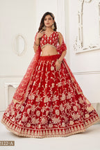Red Net Embroidered Lehenga Choli For Indian Festival & Weddings - Embroidery Work