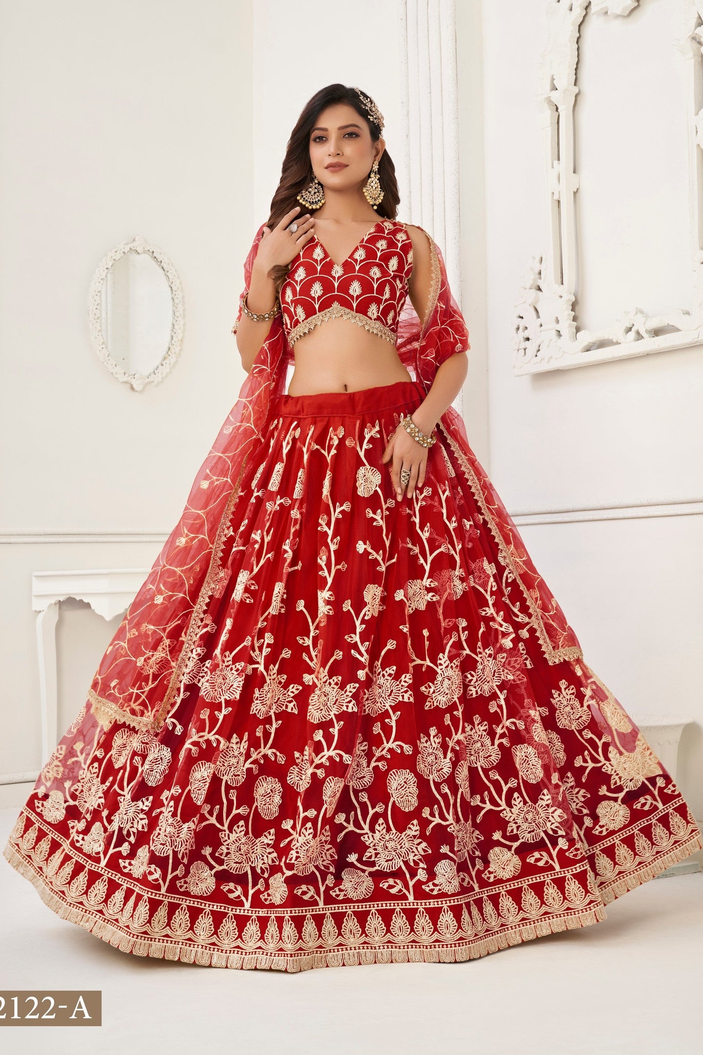 Red Net Embroidered Lehenga Choli For Indian Festival & Weddings - Embroidery Work