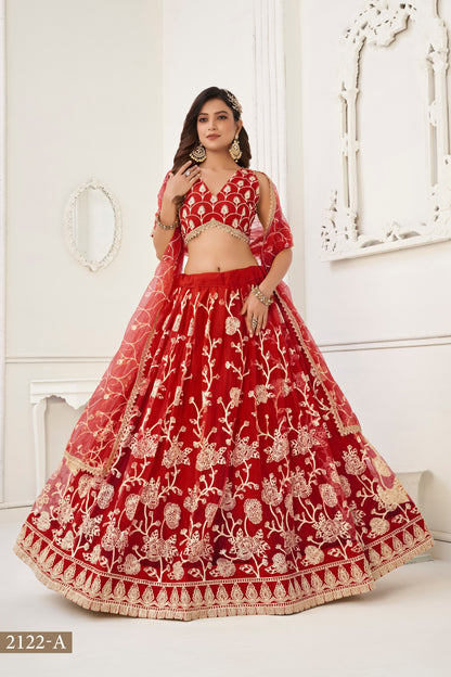 Red Net Embroidered Lehenga Choli For Indian Festival & Weddings - Embroidery Work