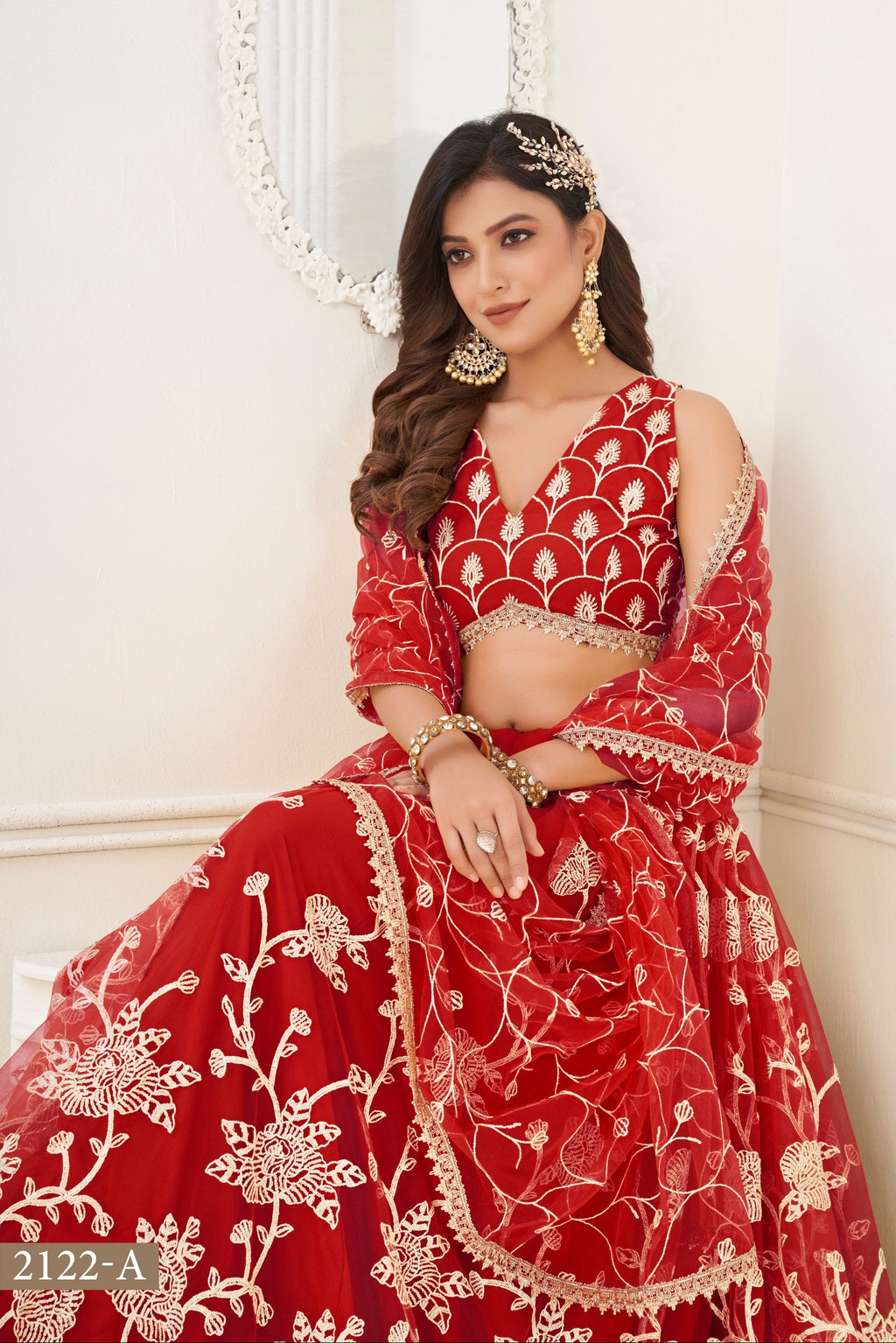 Red Net Embroidered Lehenga Choli For Indian Festival & Weddings - Embroidery Work