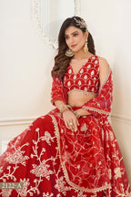Red Net Embroidered Lehenga Choli For Indian Festival & Weddings - Embroidery Work