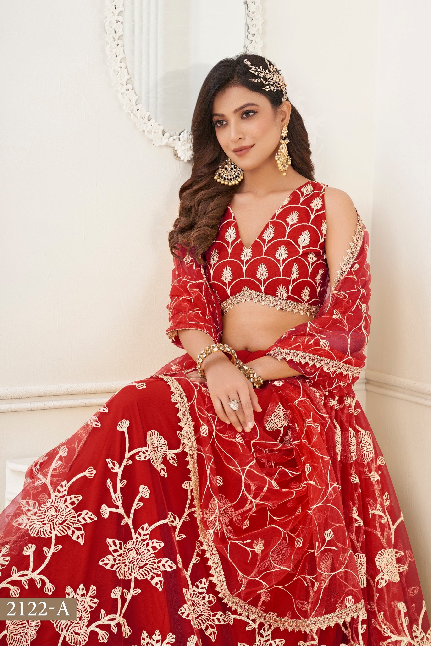 Red Net Embroidered Lehenga Choli For Indian Festival & Weddings - Embroidery Work