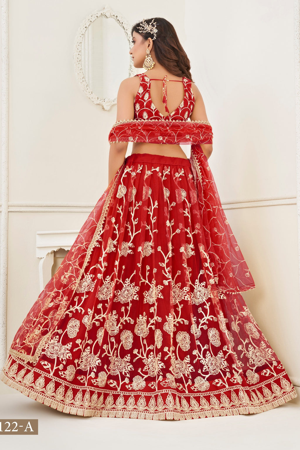 Red Net Embroidered Lehenga Choli For Indian Festival & Weddings - Embroidery Work