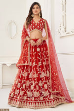 Red Net Embroidered Lehenga Choli For Indian Festival & Weddings - Embroidery Work