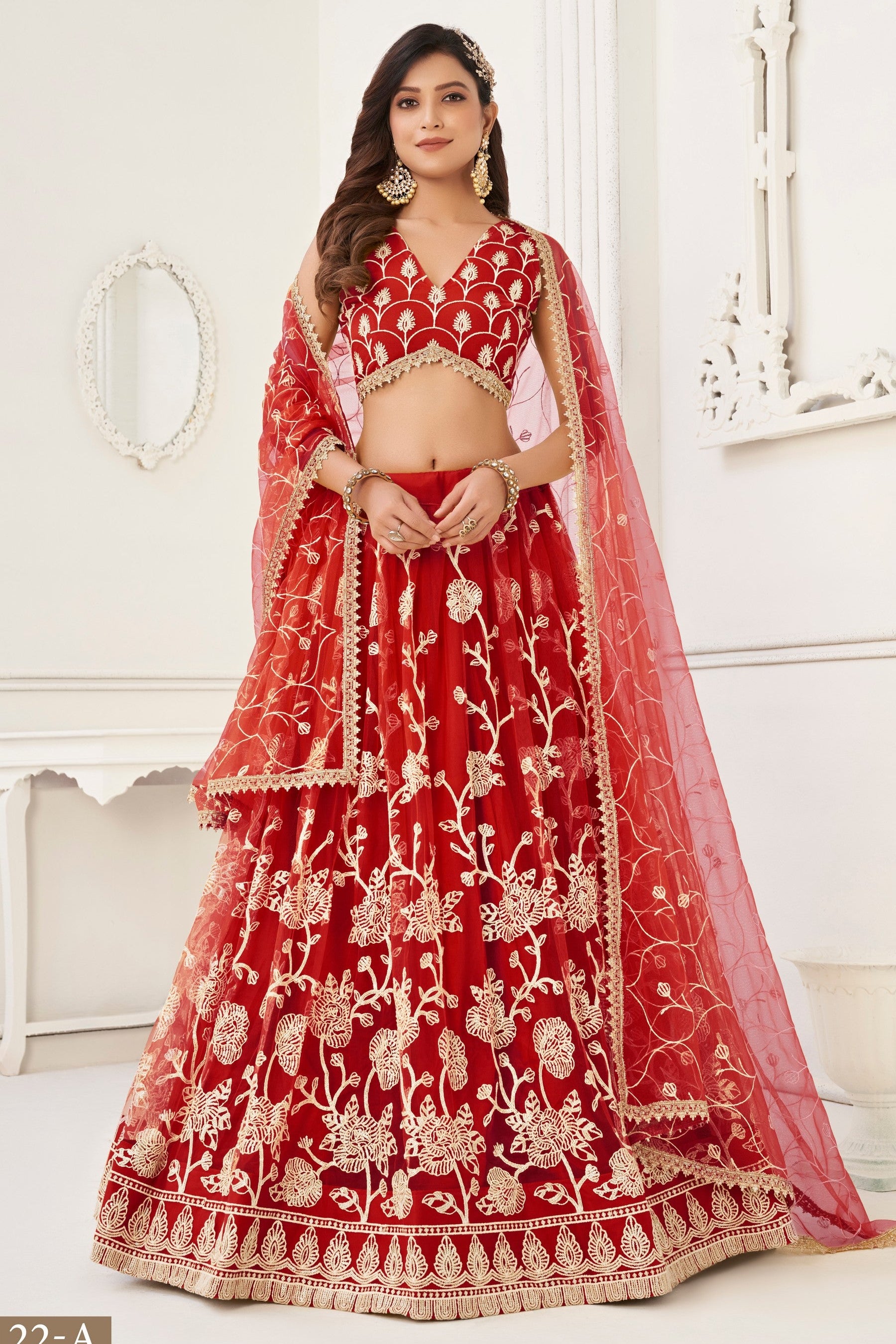 Red Net Embroidered Lehenga Choli For Indian Festival & Weddings - Embroidery Work
