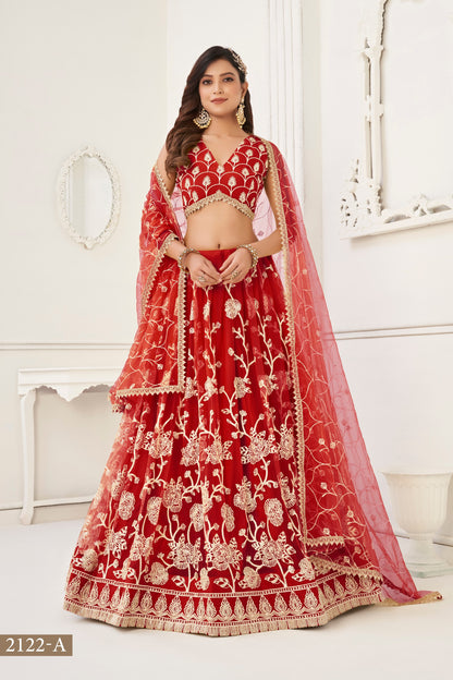 Red Net Embroidered Lehenga Choli For Indian Festival & Weddings - Embroidery Work