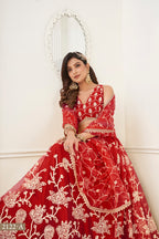 Red Net Embroidered Lehenga Choli For Indian Festival & Weddings - Embroidery Work