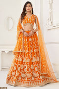 Red Net Embroidered Lehenga Choli For Indian Festival & Weddings - Embroidery Work