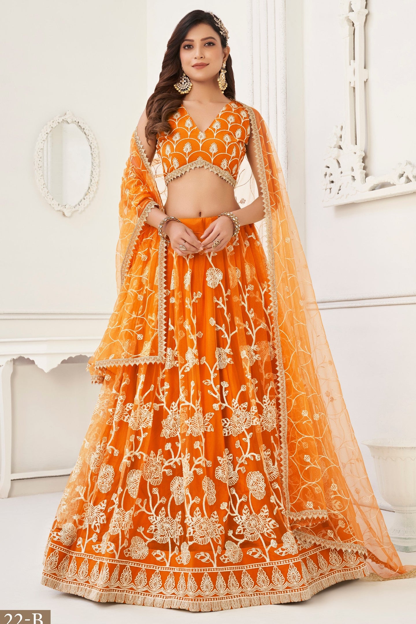 Red Net Embroidered Lehenga Choli For Indian Festival & Weddings - Embroidery Work