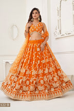 Orange Net Embroidered Lehenga Choli For Indian Festival & Weddings - Embroidery Work
