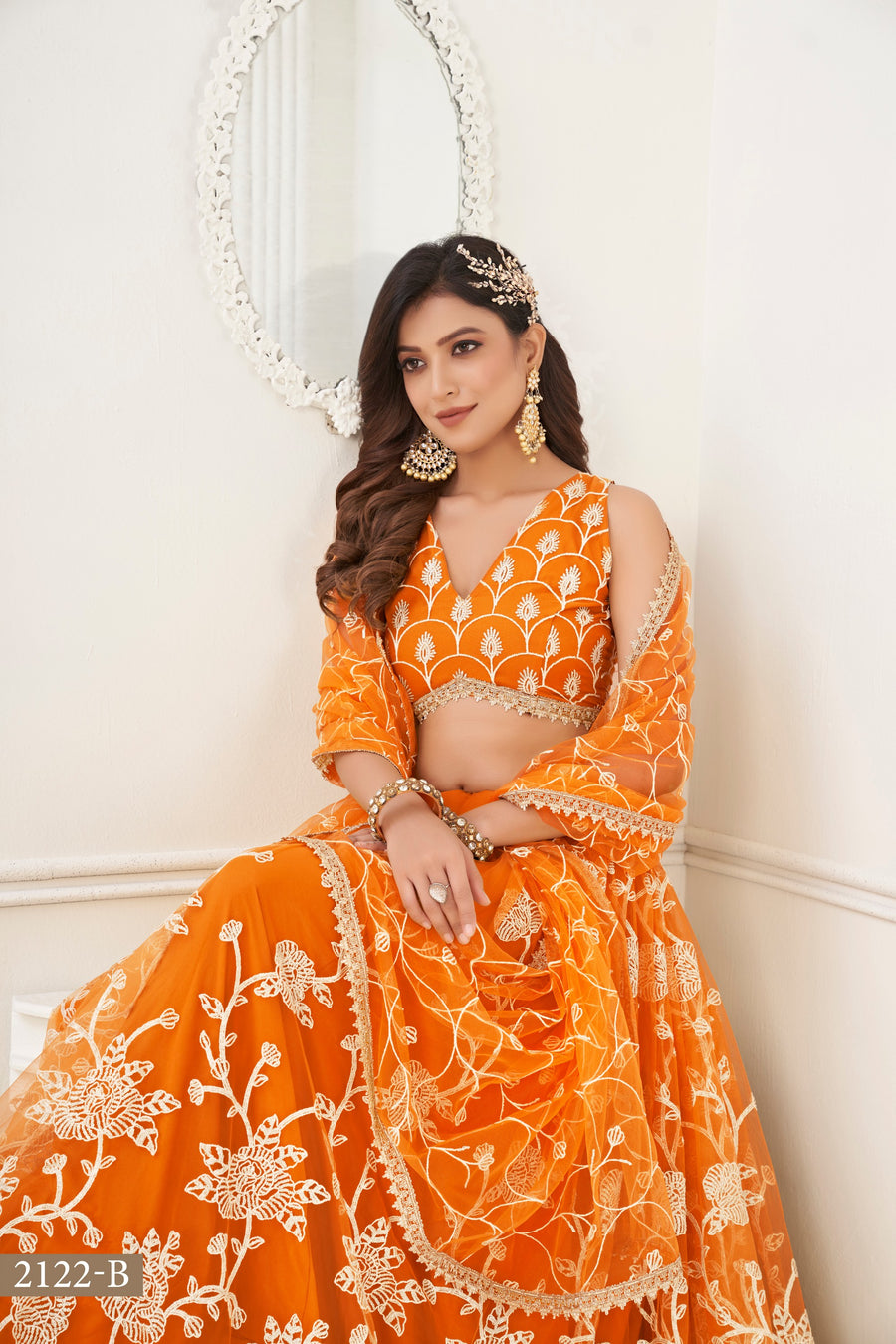 Orange Net Embroidered Lehenga Choli For Indian Festival & Weddings - Embroidery Work