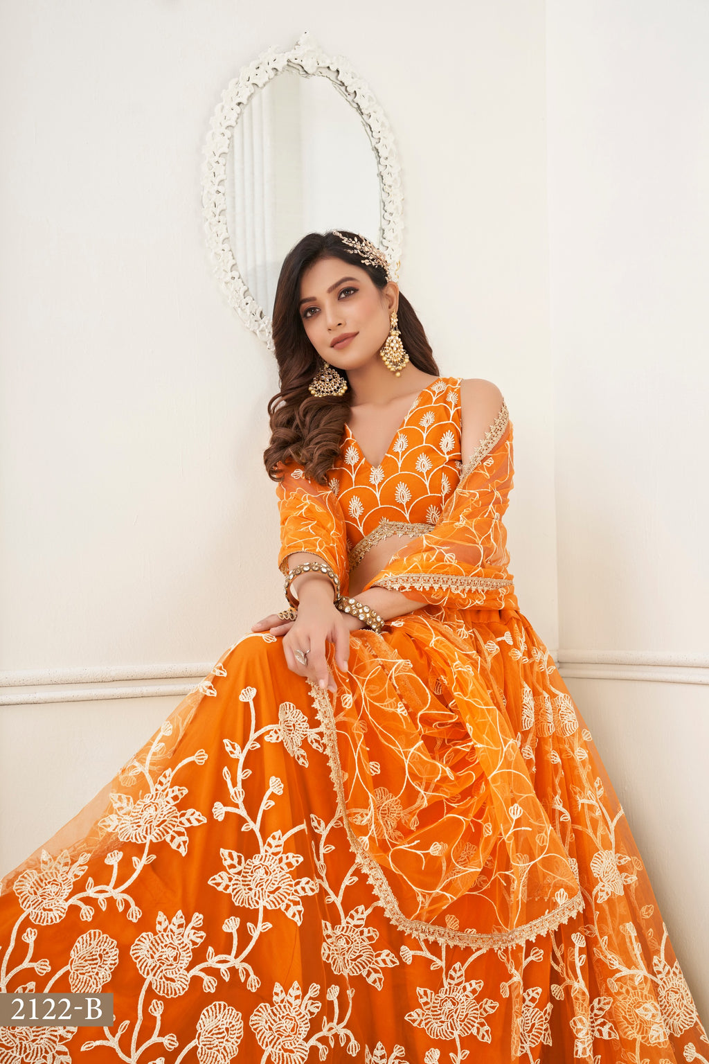 Orange Net Embroidered Lehenga Choli For Indian Festival & Weddings - Embroidery Work