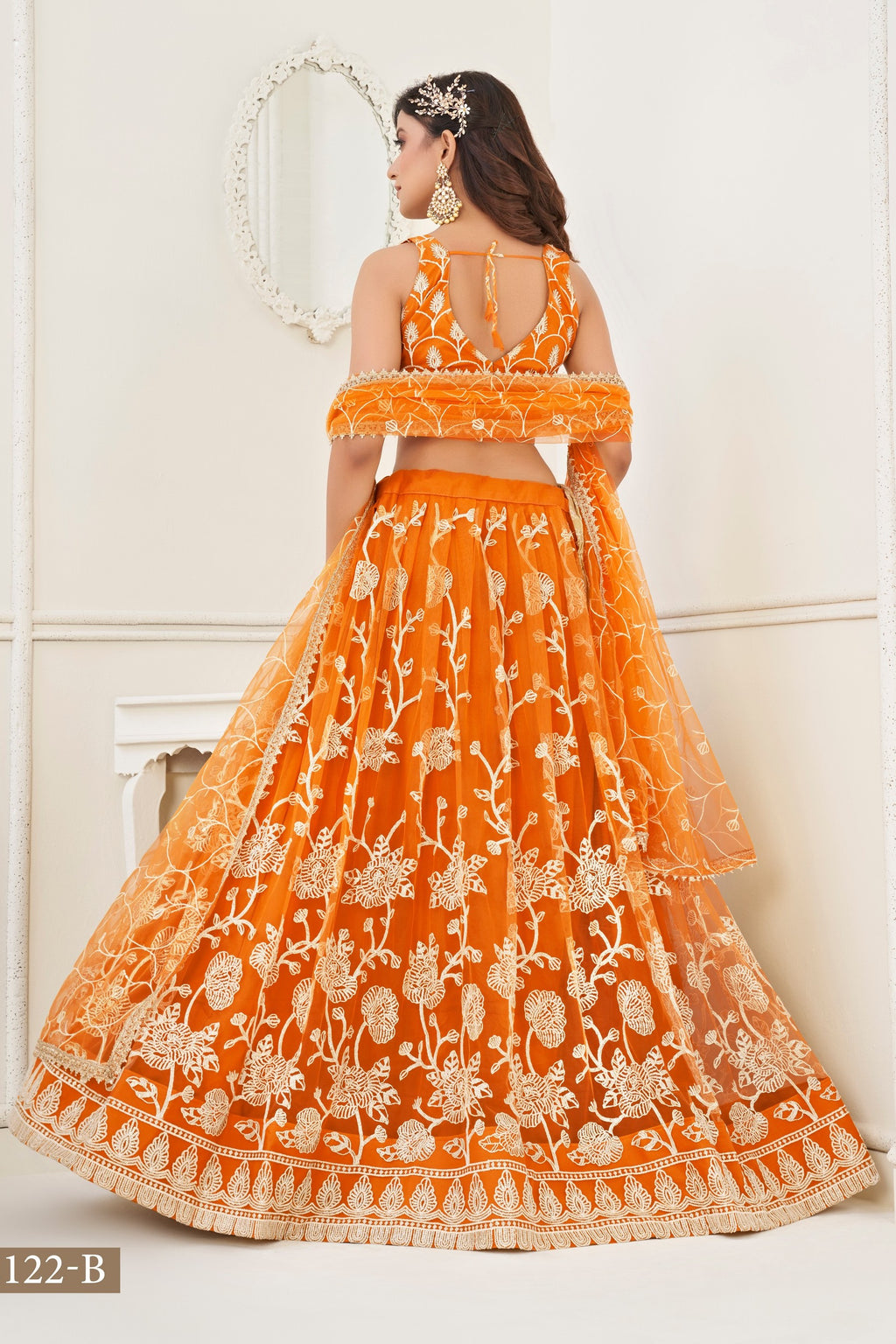 Orange Net Embroidered Lehenga Choli For Indian Festival & Weddings - Embroidery Work