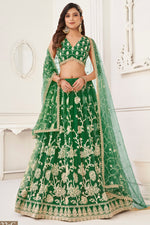 Green Net Embroidered Lehenga Choli For Indian Festival & Weddings - Embroidery Work