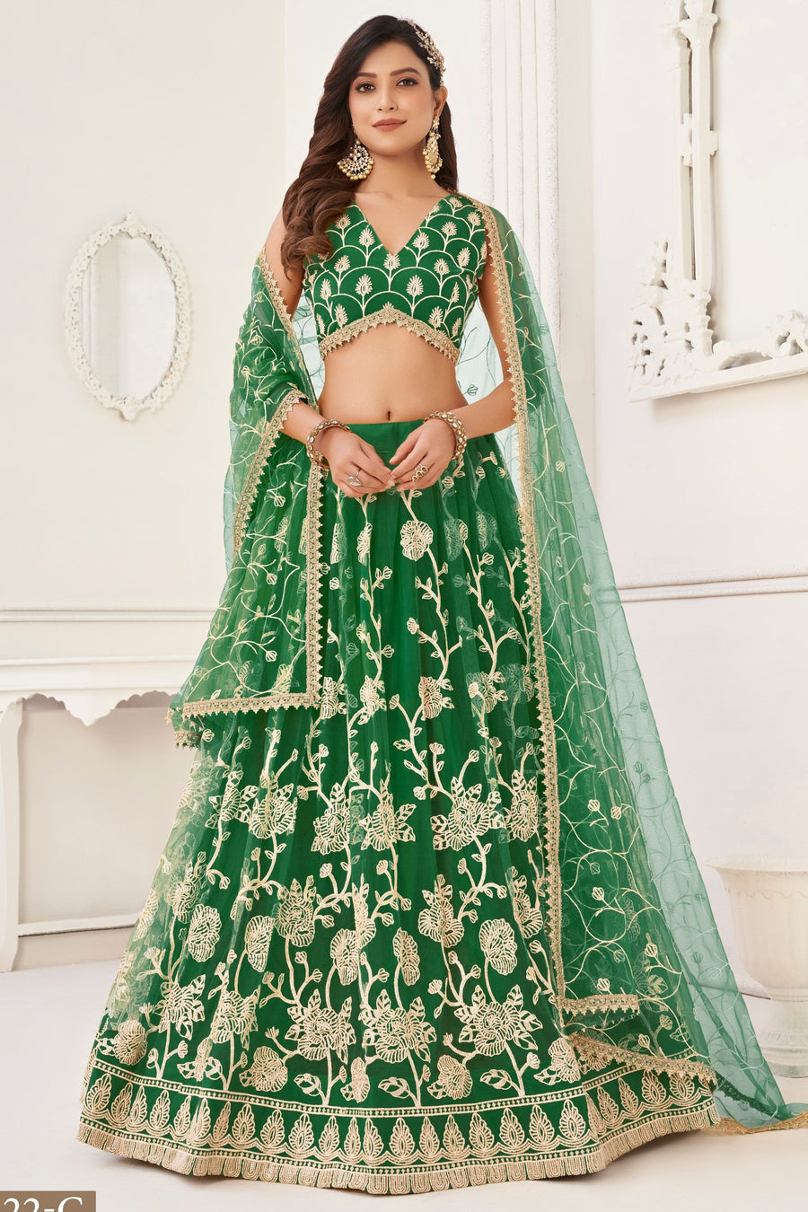 Red Net Embroidered Lehenga Choli For Indian Festival & Weddings - Embroidery Work