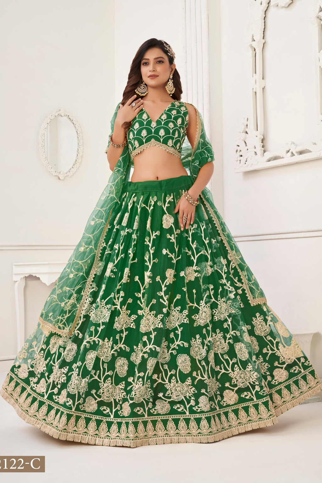 Green Net Embroidered Lehenga Choli For Indian Festival & Weddings - Embroidery Work