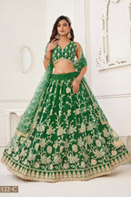 Green Net Embroidered Lehenga Choli For Indian Festival & Weddings - Embroidery Work