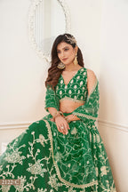Green Net Embroidered Lehenga Choli For Indian Festival & Weddings - Embroidery Work