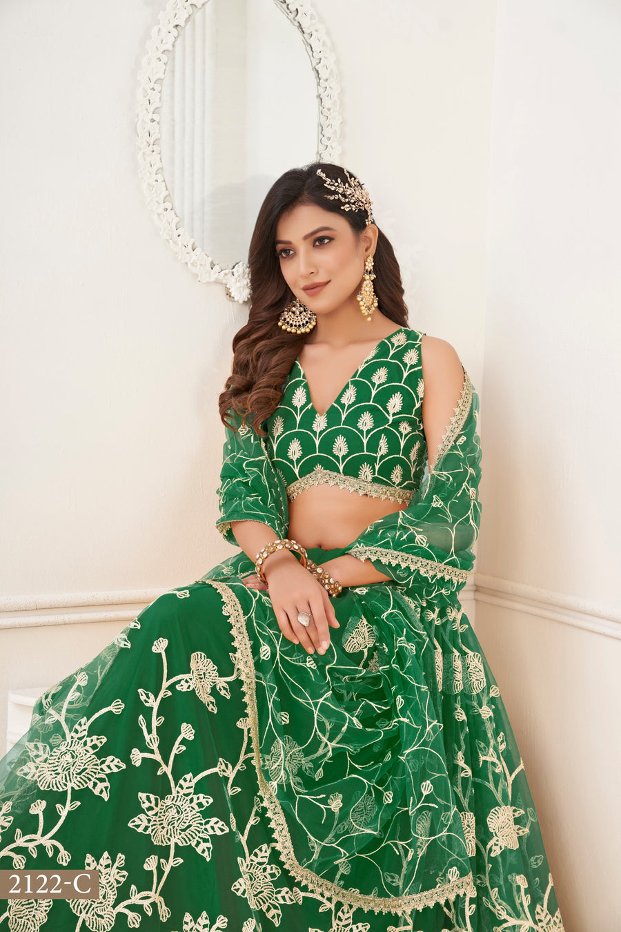 Green Net Embroidered Lehenga Choli For Indian Festival & Weddings - Embroidery Work