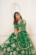 Green Net Embroidered Lehenga Choli For Indian Festival & Weddings - Embroidery Work