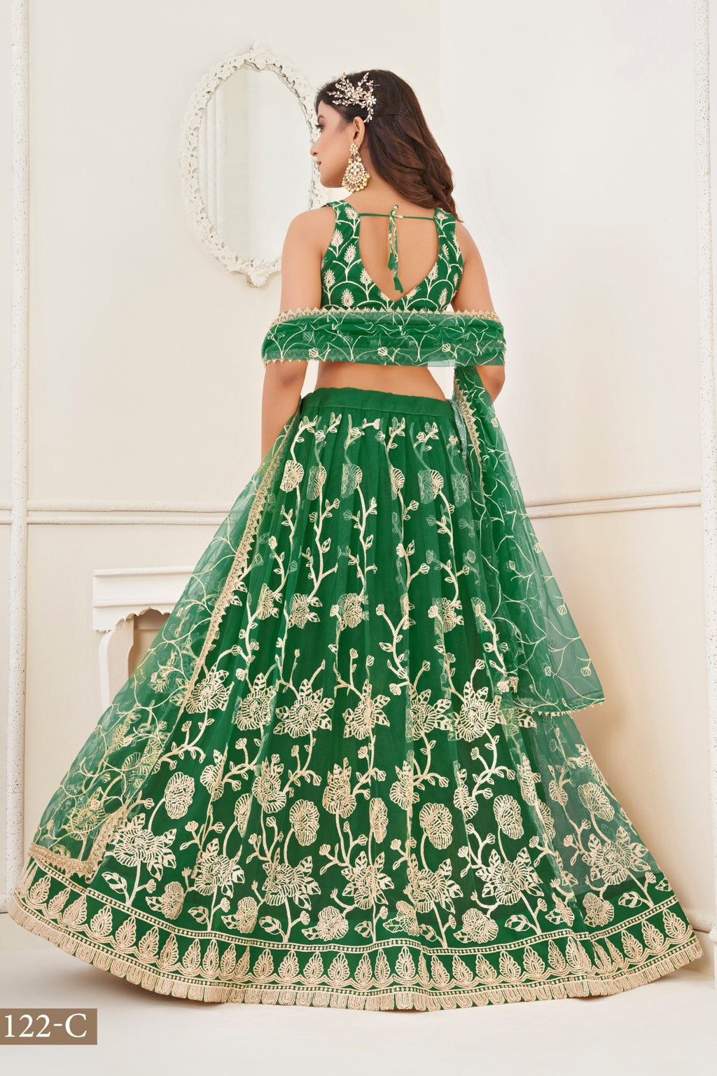 Green Net Embroidered Lehenga Choli For Indian Festival & Weddings - Embroidery Work