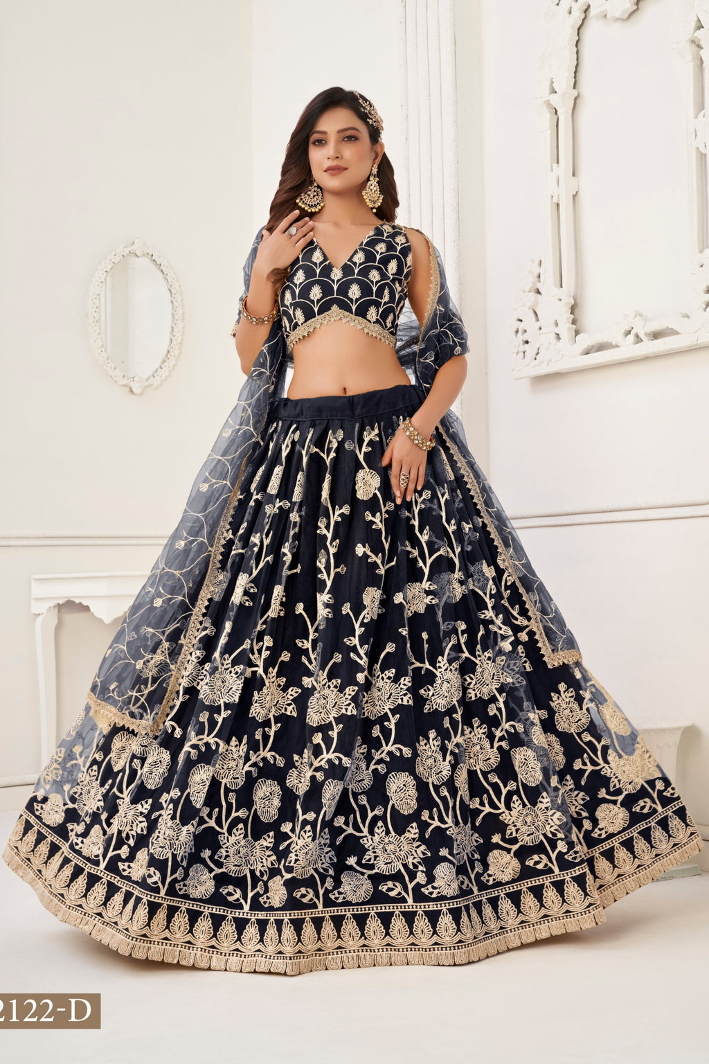 Black Net Embroidered Lehenga Choli For Indian Festival & Weddings - Embroidery Work