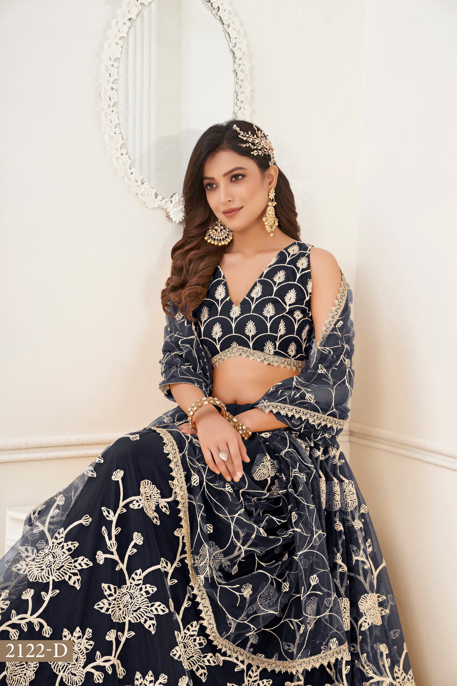 Black Net Embroidered Lehenga Choli For Indian Festival & Weddings - Embroidery Work