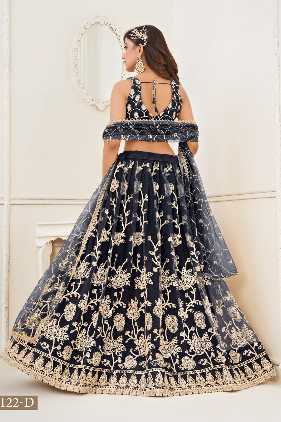 Black Net Embroidered Lehenga Choli For Indian Festival & Weddings - Embroidery Work