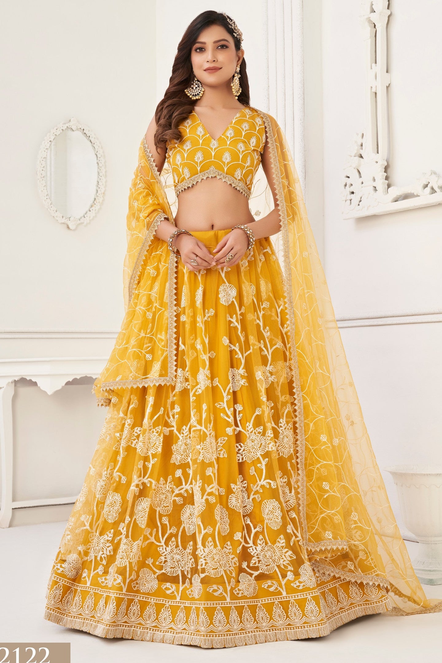 Red Net Embroidered Lehenga Choli For Indian Festival & Weddings - Embroidery Work