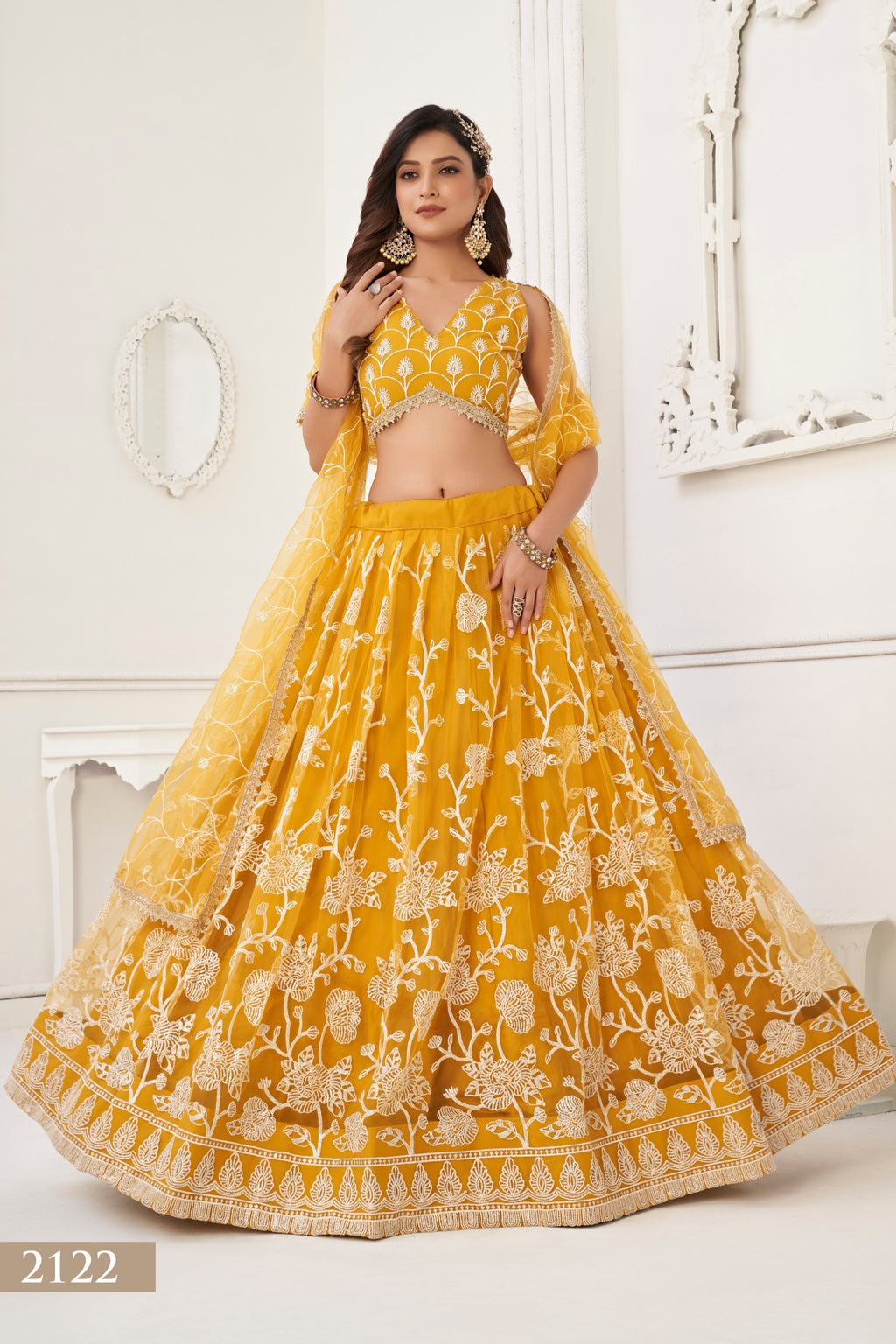 Yellow Net Embroidered Lehenga Choli For Indian Festival & Weddings - Embroidery Work