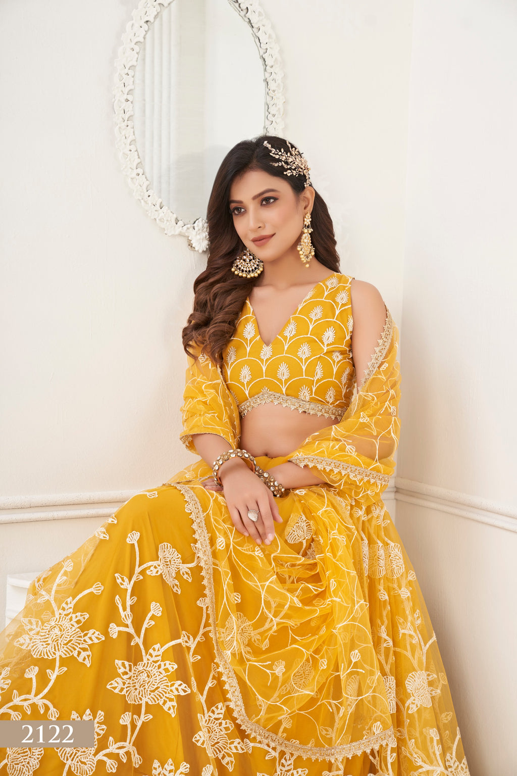 Yellow Net Embroidered Lehenga Choli For Indian Festival & Weddings - Embroidery Work